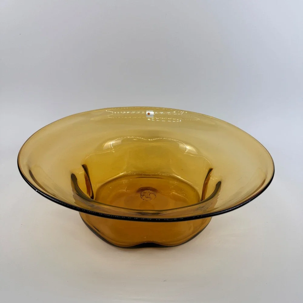 Blenko 8512 Amber Hand Blown Art Glass Pedestal Centerpiece Bowl